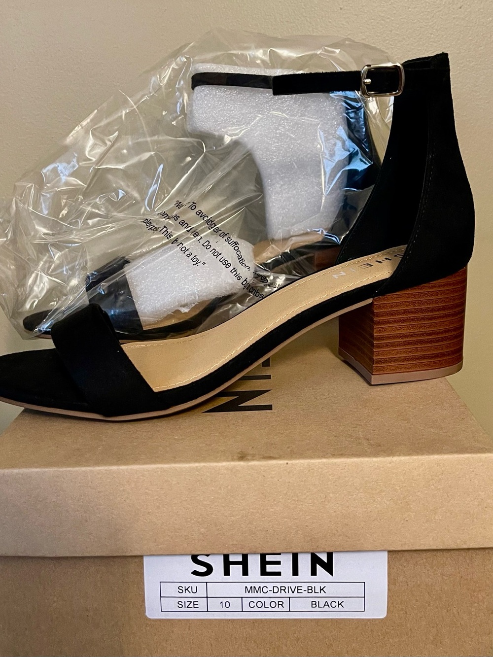 SHEIN Black faux suede Ankle Strap Open-Toe chunky Heel Sandals